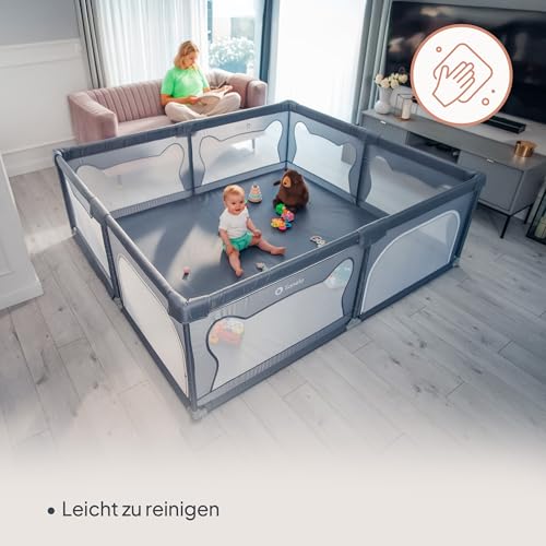 LIONELO WILLOW XL Laufgitter Baby, ab 0-48 Monaten große Fläche 187 cm x 207 cm x 68 cm, Laufgitter Baby mit Seitenwände aus atmungsaktiven Netzstoff, 2 Seitliche Eingänge mit einem Reißverschluss