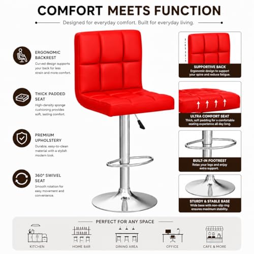 Image of Kemon KaiMeng Modern Adjustable Swivel Bar Stool Chair with Backrest, PU Leather Hydraulic Counter Stool with Footrest for Kitchen Island, Cafe & Home Bar, Red, Square Tufted Back Stool