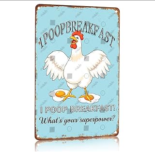 Funny Chicken Metal Tin Sign I Poop Breakfast Whats Your Superpower Kitchen Decor 8x12 Inch Aluminum Farmhouse Wall Art for Kitchen Bar Garden Cafe