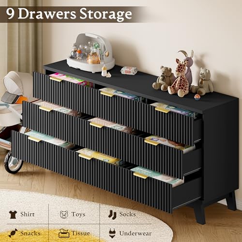 Image of BORNOON Fluted 9 Drawer Dresser, 57.1 inch Wide Modern Boho Chest of Drawers, Wooden Storage Dresser TV Stand for Bedroom, Living Room, Closet, Hallway, Curved Profile Design