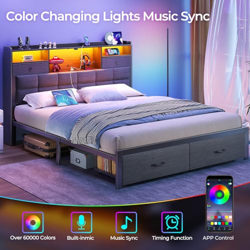 image for Rolanstar Bed Frame Queen Size with Drawers and Charging Station, Upho
