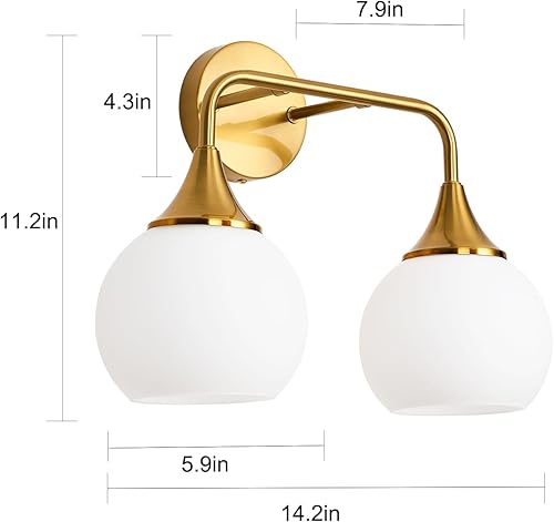 Miniatura 3 de Lámparas doradas de baño con 2 luces de tocador con pantalla de vidrio blanco leche, luces de tocador para baño, aplique de pared moderno para baño