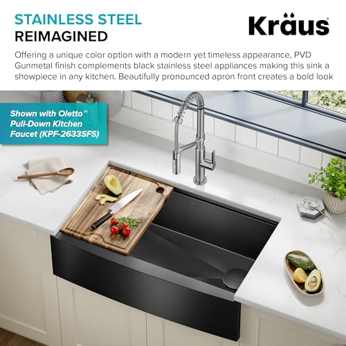KRAUS Kore Workstation 33-inch Farmhouse Modern Flat Apron Front 16 Gauge Black Stainless Steel Single Bowl Kitchen Sink in PVD Gunmetal Finish with Accessories, KWF410-33/PGM by Kraus - Image 5