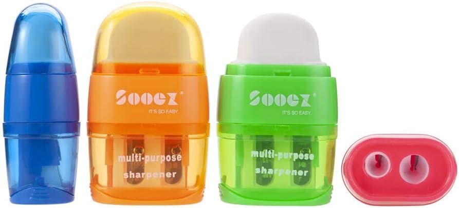 Sooez 4 Pack Pencil Sharpeners & Eraser, Handheld Manual Pencil Sharpener with 2 Sharpening Holes Small Pencil Sharpeners Bulk Hand Pencil Sharpener, Blue Orange Green Pink Color