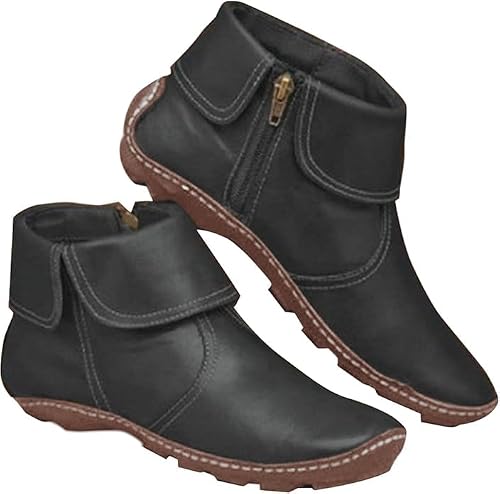 Image of Womens Flat Leather Ankle Boots Autumn Winter Waterproof Outdoor Walking Boots Shoes Comfortable Arch Support Shoes Anti-Slip