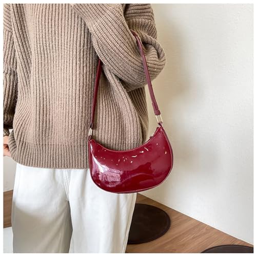 Image of Patent Leather Evening Purse Shiny Clutch MINI Hobos Armpit Shoulder Bag (Wine Red)