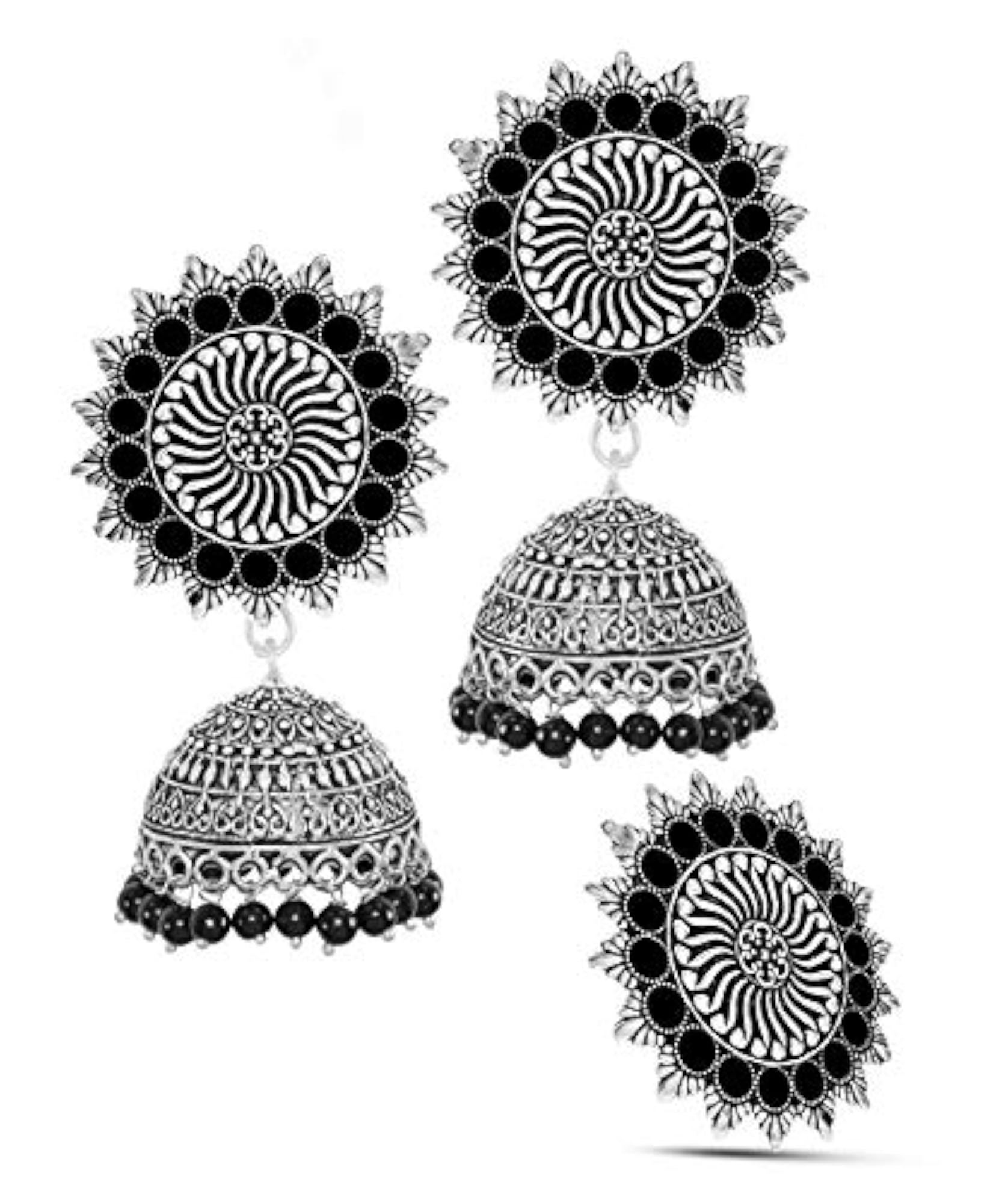 Desire Collection Silver Oxidized Jhumka Earrings & Ring Combo, Black