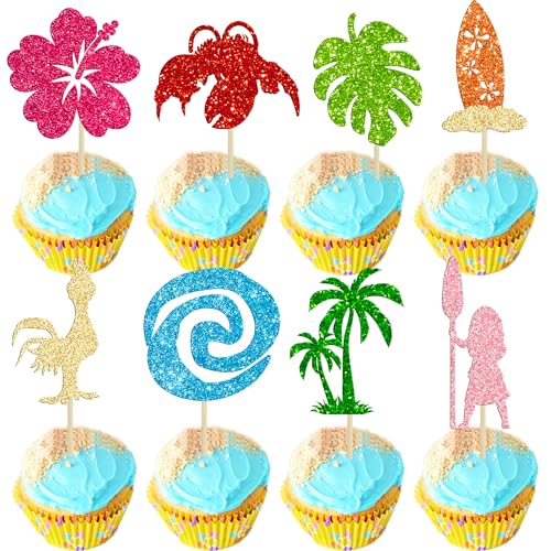 Ephlyn 32Pcs Luau Hawaii Inspired Cupcake Toppers Glitter Palm Leaf Flower Cupcake Picks Tropical Hawaiian Luau Theme Cake Decorations for Baby Shower Birthday Party Cake Supplies Blue