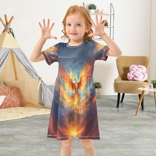 ALAZA Fire Phoenix Girls Dress Short Sleeve Toddler Casual Dresses Summer Sundress 2-8T4