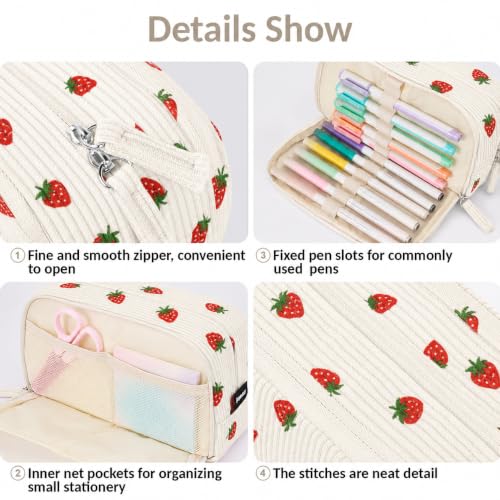 Image of Sooez Big Capacity Pencil Case Pen Pouch, Soft Corduroy Pencil Bag with 3 Compartment, Multiple Pockets, Sturdy Zipper, Cute School Supplies Pen Bag Organizer For Teen Girls-Strawberry
