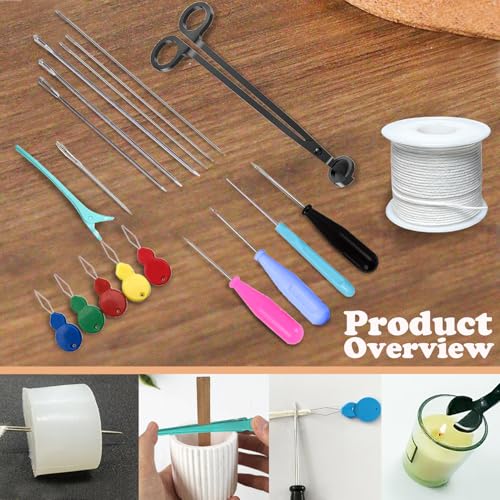 Image of TYMKLMZG Candlewick Needle Kit with Candle Wick Trimmer 7 inch,Mold Hook Punch Needle with Hook & Eye for Inserting Wick,Big Hole Long Needle,Candle Wick Roll 200 Ft 24 Wick Spool,Threader,Wick Holders