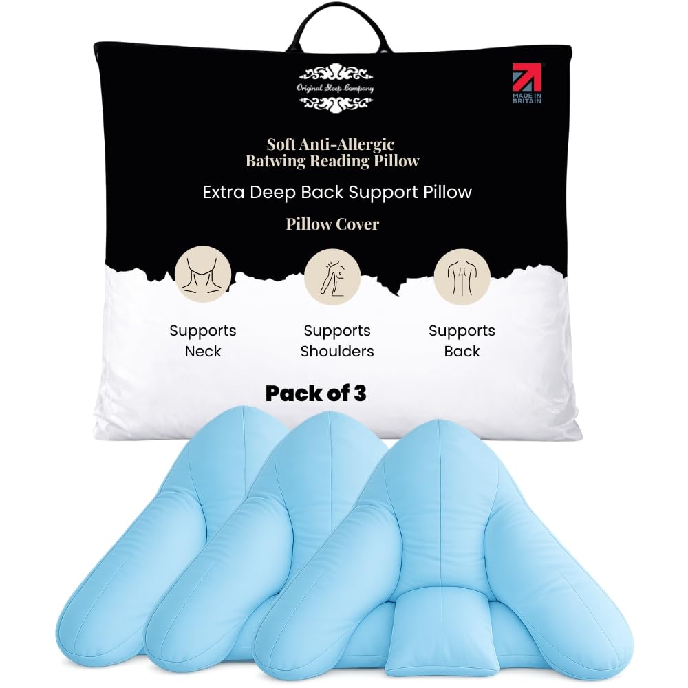 Original Sleep Company Batwing Pillow Cover – Polycotton Cushion Cover, Orthopaedic Support Back Support Pillow Case with Hidden Zip, Decorative & Sofa Bed Throw Pillow (Light Blue, 3)