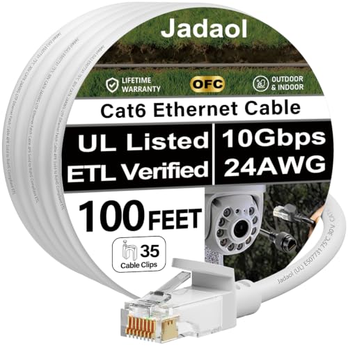 Jadaol [UL Listed] Cat6 Ethernet Cable 100ft with Clips 10Gbps PoE++, White