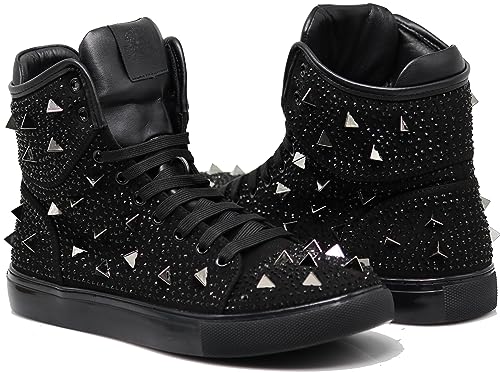 Image of Enzo Romeo Men's High Top Crystal Shimmer Rhinestone Blink Flat Spike Fashion Sneakers Shoes BUL2