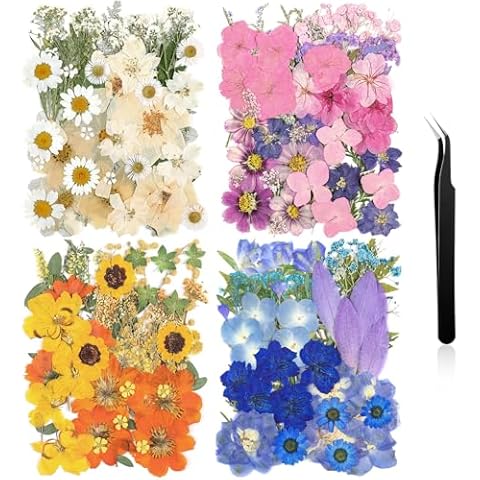 Nuanchu 200 Pcs Pressed Flowers Bulk Dried Flower for Craft Resin Mold Bookmark Scrapbooking Nail Cake Fall White Orange Natural Pressed Dried Flower with Tweezer DIY Cover