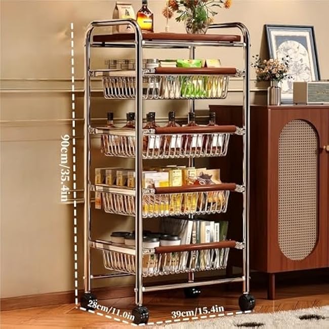 Metal Rolling Kitchen Cart with Wheels, Wire Basket Storage Trolley for Pantry, Coffee Bar, Bathroom & Office - Movable Utility Cart (Crystal Wheels, 78x28x90cm)-7bEYWN8t