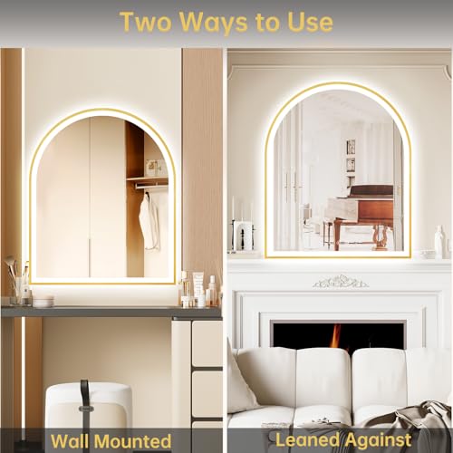 Image of 30 inchx36 inch Arched LED Mirror for Bathroom, Brushed Gold Lighted Bathroom Mirror with Lights, Fogless, Dimmable, Shatterproof, Touch Sensor, 3 Color Changing