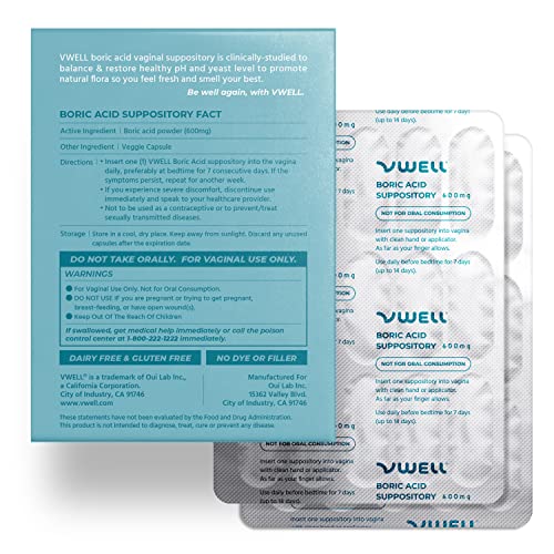 vwell boric acid vaginal suppositories - maintains and balances healthy vaginal ph amp microbiome to manage odor itch burning irritation intimacy - doctors recommended one size 30 count