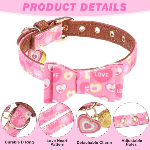 Image of EXPAWLORER Dog Collar and Leash Set - Pink Heart Dog Bow Tie and Dog Bandana Collar with Bell, Dog Leash Tangle Free, Adjustable Collars for Small Medium Large Dogs Cats, Holiday Ideal Gift, S