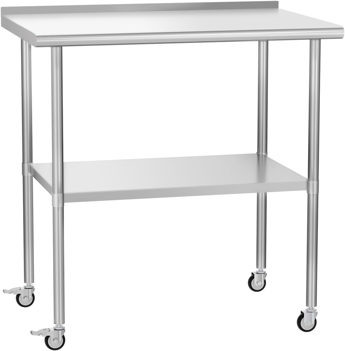 Stainless Steel Prep & Work Table with Adjustable Shelf, with Backsplash and Wheels, Kitchen Island, Commercial Workstations, Utility Table in Kitchen Garage Laundry Room Outdoor BBQ, 24" X 36" W/ Adjustable Shelf 24" x 36"