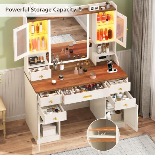 Image of CSZZD Farmhouse Makeup Vanity Desk with Lighted Mirror and RGB Cabinets | Large Vanity Table with Type-C & USB Charging Station, Adjustable 3 Mode Lights Vanity Desk with 6 Drawers & Storage Shelves