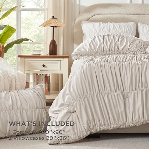 Image of Andency Linen Grey Ruched Comforter Set Queen Size, Shabby Chic Pleated Bedding Sets 3 Pieces, Lightweight Soft Boho Ruffle Bed Set for Girls, Kids, Women, All Season