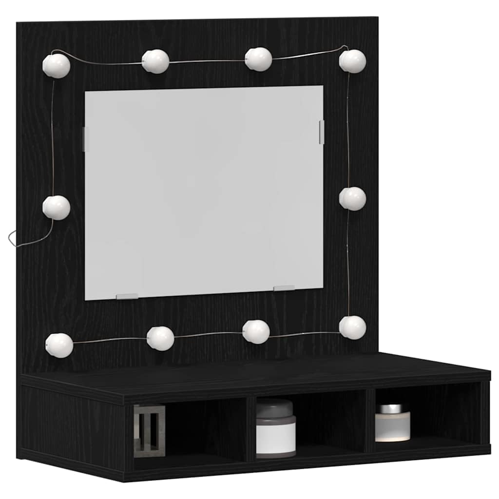 Szafka z lustrem z regałem w kolorze czarnym o wyglądzie dębu, wisząca szafka łazienkowa z materiału drewnopochodnego z oświetleniem LED, USB, 3 półki na płyty i schowkiem 60 x 31,5 x 62 cm