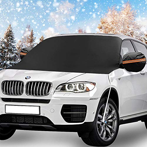 Windshield Snow Cover, KKTICK Car Windshield Covers for Ice Snow Frost Full Protection, Windscreen Winter Cover with Side Mirror Covers and Hooks, Fit for Cars Trucks Vans and SUVs (85 x 50 inch)