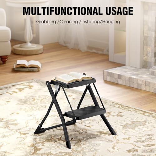 Urackify Trittleiter 2 Stufen, Tritthocker Klappbar mit Rutschfester Tritt, Entriegelungstaste, Tragegriff bis 150 kg, Mini Stahl Klappleiter, Klapptritt für Zuhause, Büro, Garten, Schwarz