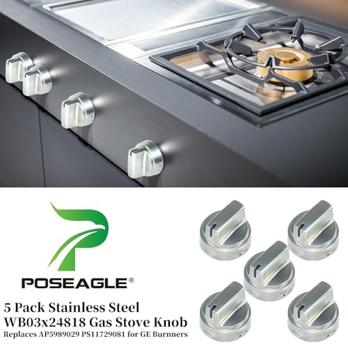 POSEAGLE 5 Pack Stainless Steel WB03x24818 Gas Stove Knob Replaces
