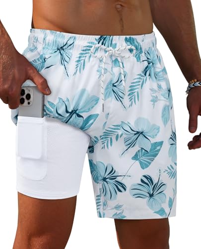 Image of Gleeease 7inch Mens Swim Trunks 2 in 1 with Compression Liner Pockets Drawstring Quick Dry Stretch Lined Funny Beach Pool
