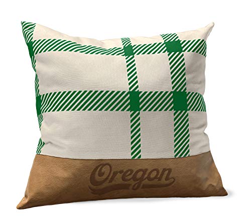 Pegasus Sports NCAA Farmhouse Plaid/Faux Leather Throw Pillow- Oregon Ducks