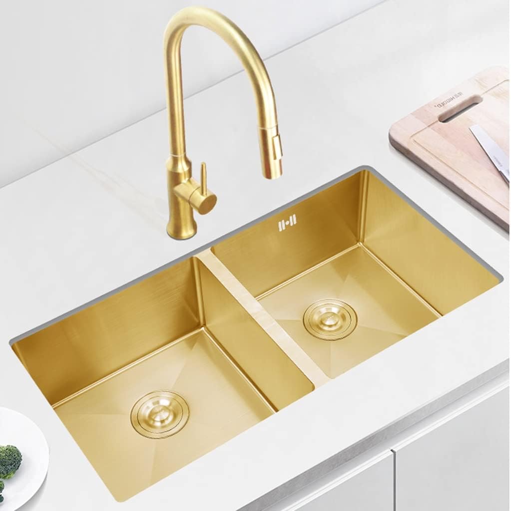 Double Bowl Kitchen Bar Stainless Steel Sink Wet Bar & Prep Sink with Drain Basket & Drain Top Mount or Undermount/Gold/75 * 40 * 21Cm,Gold-75 * 40 * 21Cm