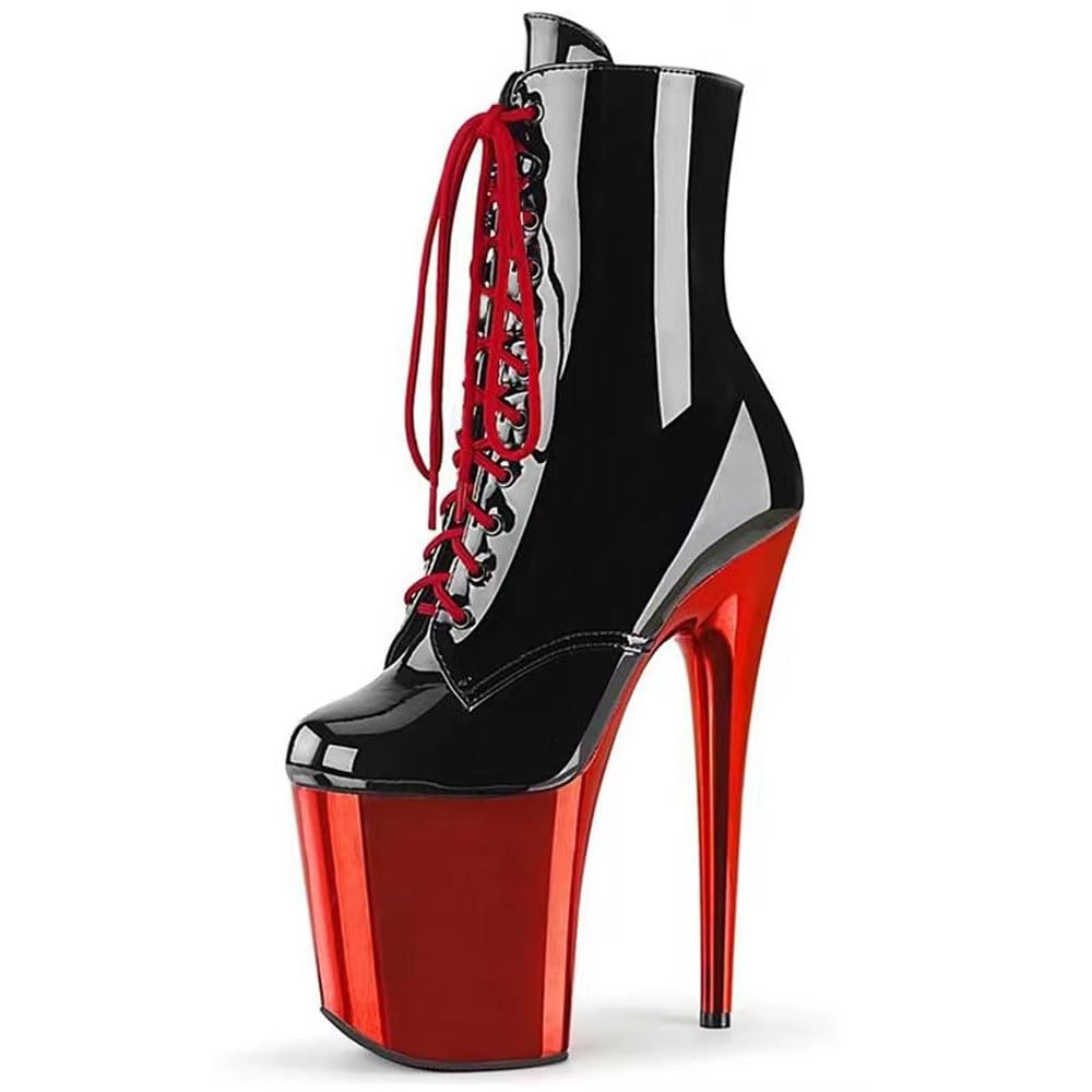 denovas women's high heels lace up big size platform rod dance ankle boot with zipper - 39 EU - Black-Hot Red