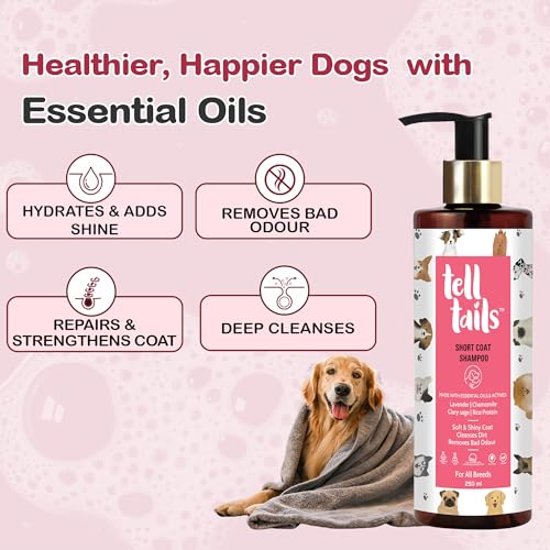 Image of Tell Tails Short Coat Dog Shampoo - 250ml - Cleanses, Nourishes & Deodorizes - Clary Sage, Lavender & Rice Protein - Hydrates & Strengthens Coat - for Short-Haired Dogs (Beagle, Bulldog, Boxer)