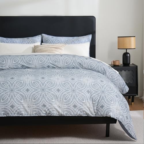 Zusbest Duvet Cover King Flannel-Like for Extra Soft 100% Cotton Reversible Grey Navy Blue Modern Bedding Patterned Bed Cover Luxury Classic Printed Zipper Comforter Cover Set 3 Pieces- No Filling