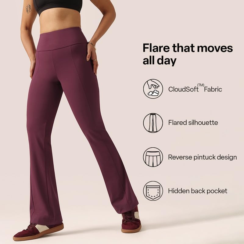 Image of BlissClub Women's Ultimate Kick Flare Pants - Lite, 4-Way Stretch, High Waist, Pintuck Detail, Flared Fit, Sweat-Wicking, All-Daywear