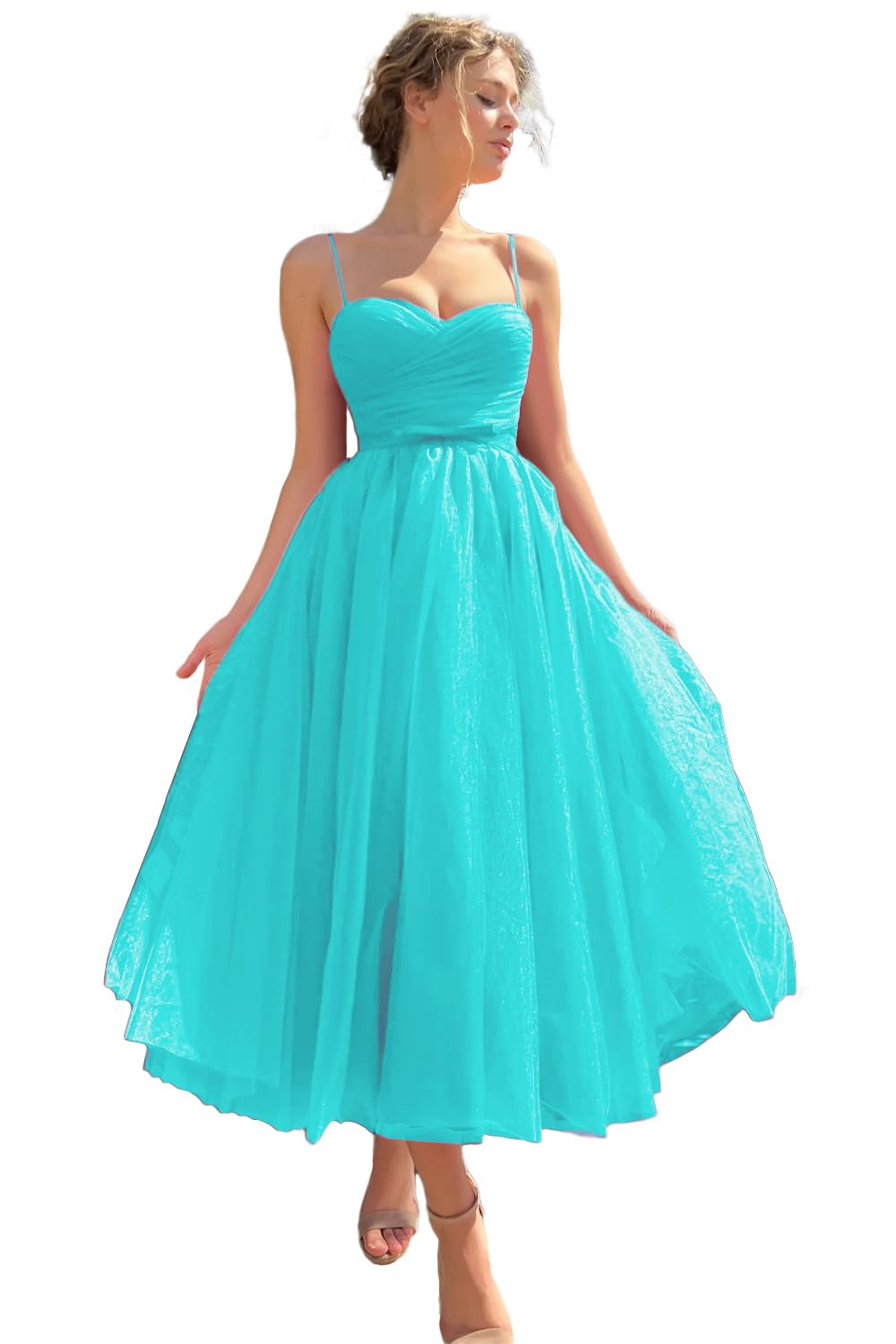 Sevintage Spaghetti Straps Tulle Prom Dress Tea Length Formal Party Evening Dress with Pockets