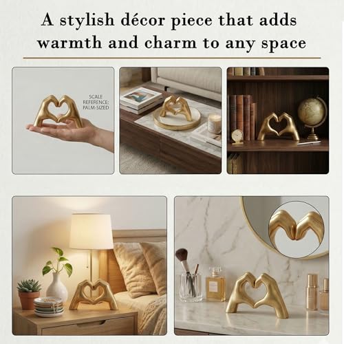 Image of Kuber Industries 4.5x2 Inch Heart Shape Hand Resin Showpiece for Home Decor | Romantic Couple Hand Statue for Office /Living Room /Table /Bookshelf /Desk | Golden