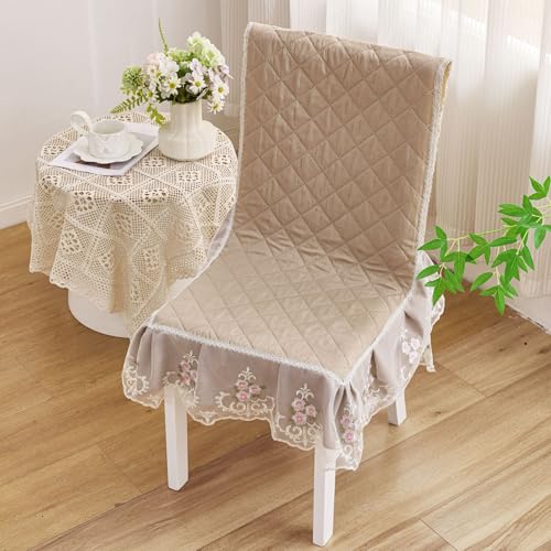 Image of HOMETHREADS Vintage Dining Chair Protector Cover, Quilted Cotton with Lace Frills, Easy Slip-On Design, Protects Seat & Backrest While Keeping Chair Visible, Washable & Reusable, Khaki (Pack of 1)