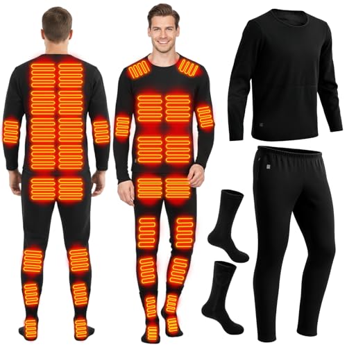 Cutecrop Heated Thermal Underwear and Socks Set for Men USB Intelligent Heated Thermals Top Pants Set Winter Outdoor, Large Black
