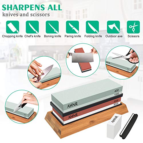 Whetstone Knife Sharpening Stone Set - 4 Side Grit 400/1000 and 3000/8000 Waterstone, Whetstone Sharpener Stone Set Includes NonSlip Bamboo Base, Flattening Stone & Angle Guide