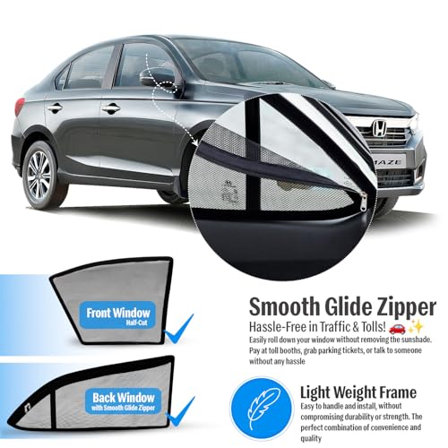 Image of Autofact Magnetic Car Sunshades Compatible with Honda Amaze (2018 to 2024) (Set of 4) - Easy Installation, UV Protection (Front 2 Half-Cut for Side Mirror Visibility, Rear 2 with Zippers)