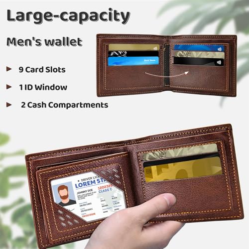 Men Wallet, Soft Leather Men Bifold Wallet Slim Wallet with a Flip ID Window, 9 Cards Slots and 2 Cash Pocket(Brown)3