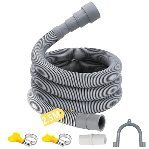 XIEXIESHER Tuyau Vidange Lave Vaisselle, 1M/1.5M/2M/3M/4M/5M/6M Rallonge de Tuyau de Vidange, avec SuPETort Forme U et Colliers de Serrage, pour Lave Vaisselle(2.5M)