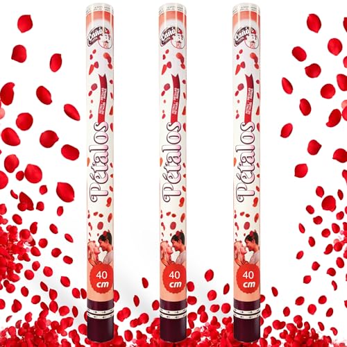 Cañón Confeti Boda, Cañón para fiestas y eventos, Fáciles y Seguros de Usar, Apto para bodas, eventos, celebraciones, Uso interior y Exterior, Diseño Petalos Rojos, 40 cm, Pack de 3 unidades