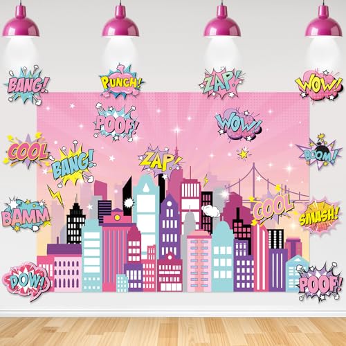 Hero Themed Party Decorations for Girls Fun Hero Banner Backdrop with Paper Cardboard Inspirational Cityscape Photography Background Welcome Heroes Banner for Comic Theme Birthday Party Baby Shower