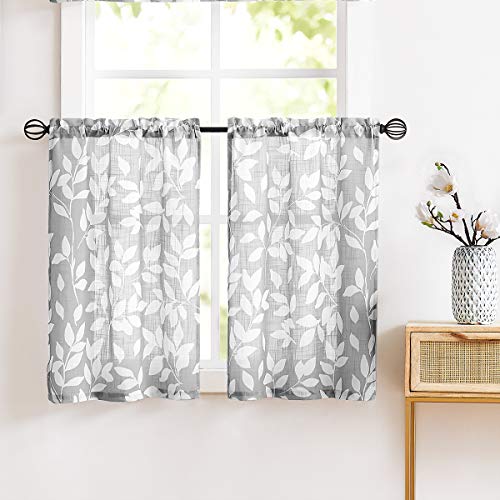 Treatmentex Grey White Kitchen Curtains 36' Short Café Curtain Set for Windows Leaf Print Tiers 2 Panels