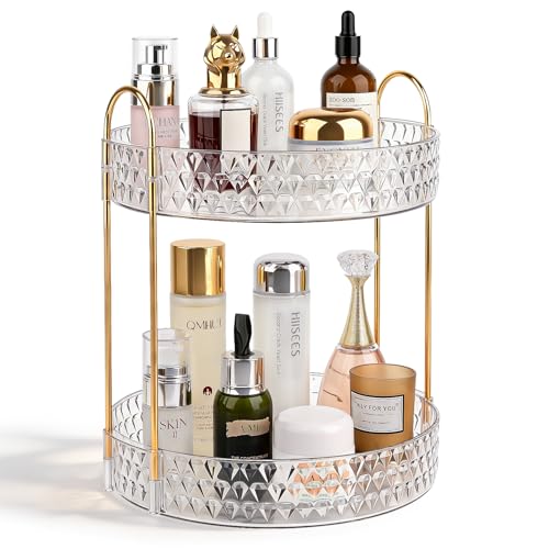 Rotating Makeup Organizer for Vanity 2 Tier Perfume Skincare Storage for Women Bathroom Counter Organizer 360 Spinning Cosmetic Holder for Dresser Countertop Clear