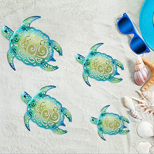 Youin Beach Bathroom Decor-Sea Turtle Decor Teal Metal Wall Art,Coastal Nautical Wall Decor,Tropical Hawaiian Themed Beach Decorations For Home Outdoor Patio Ocean Pool Signs,Hanging Ornament,Set Of 4 #TOP6